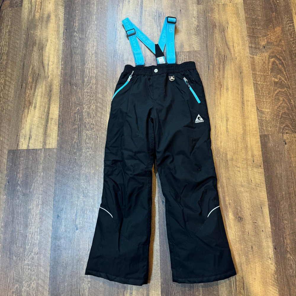 Gerry Black Snow Bibs Ski Pants with‎ Light Blue Suspenders Kids 14/16